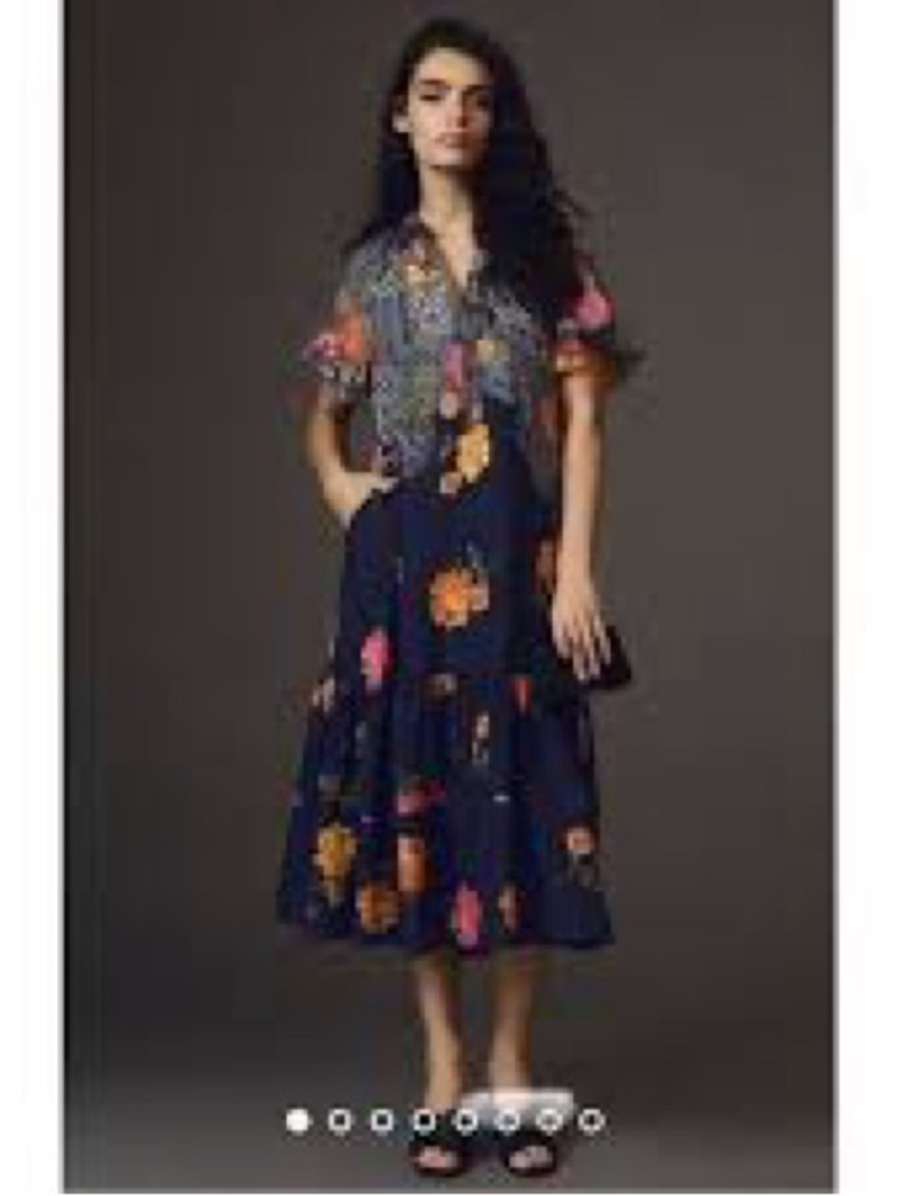 Anthropologie Navy Midi Dress with Pink and Yellow Floral Print